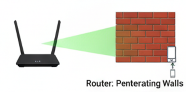 A diagram showing a Wi-Fi router on the left with two antennas. A green, triangular beam represents the Wi-Fi signal being emitted from the router and
