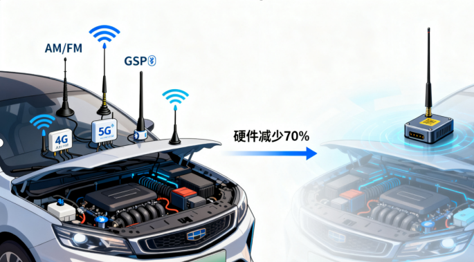汽车通信系统的演进图。左图为传统方案，车顶和引擎盖内布满了多根天线和复杂的硬件设备。右图为新一代方案，所有功能被整合进一个紧凑的单一模块中，大大简化了硬件，并配有“硬件减少 70%”的中文标注。
