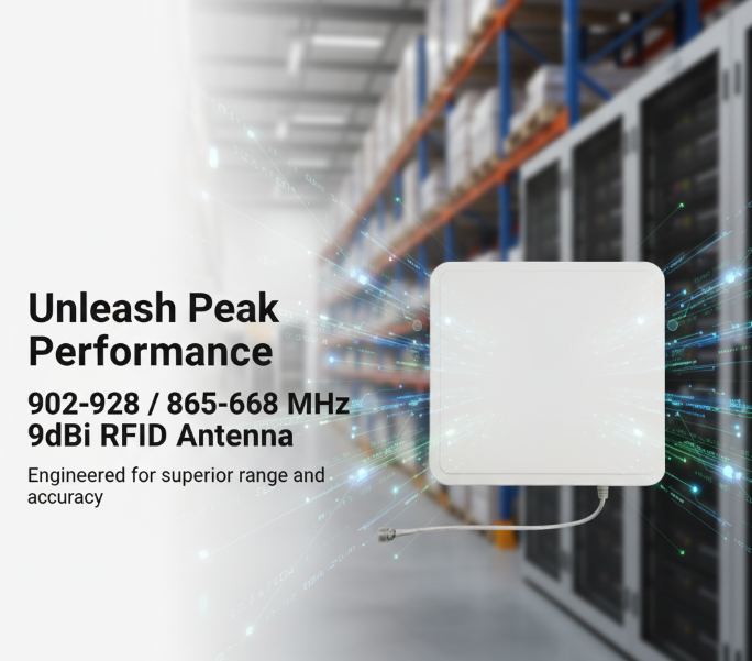 A product cover for a 902-928865-868MHz 9dBi RFID antenna, showing a white square antenna and cable, emphasizing high-performance IoT identification.