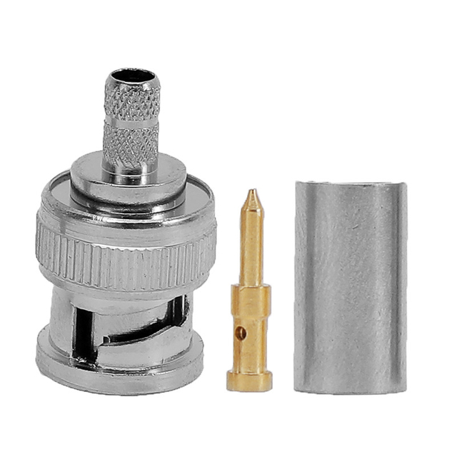 The BNC male connector,is slotted and crimped with a soldering needle to connect the RG58 cable RF connector